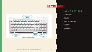 I N P U T D E V I C E S
KEYBOARD
MOUSE
TOUCH SCREENS
TABLETS
SCANNERS
Information Practices (XI) - slides by Aditi Bhushan 6
KEYBOARD
 