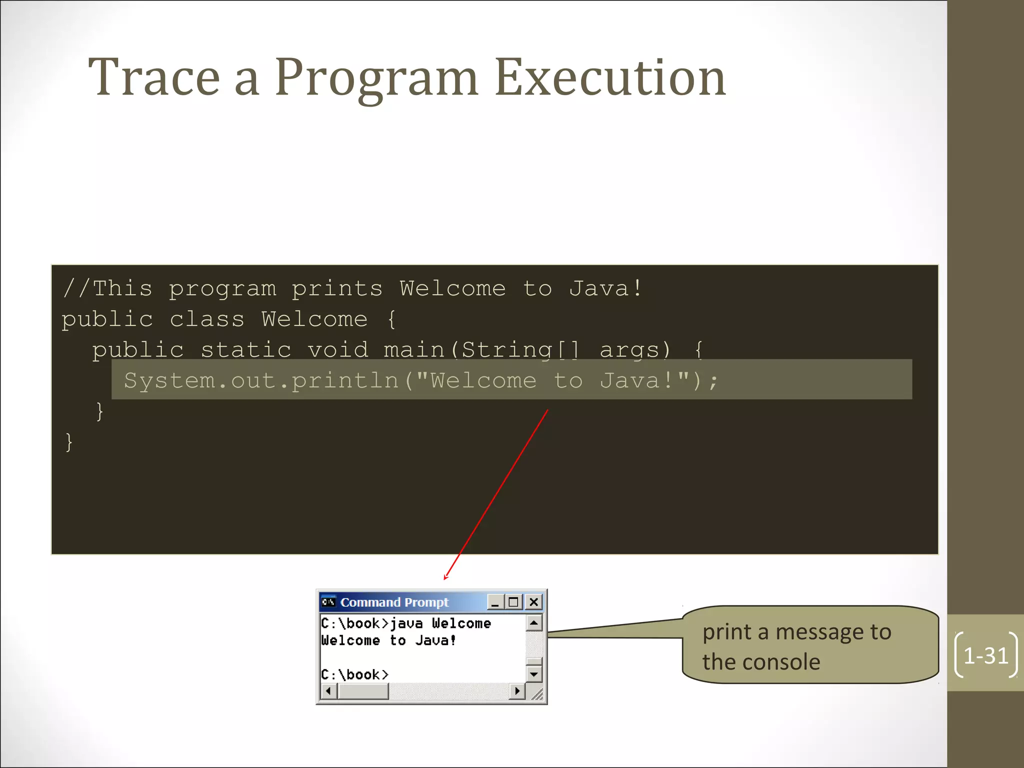 Trace a Program Execution
1-31
//This program prints Welcome to Java!
public class Welcome {
public static void main(String[] args) {
System.out.println("Welcome to Java!");
}
}
print a message to
the console
 
