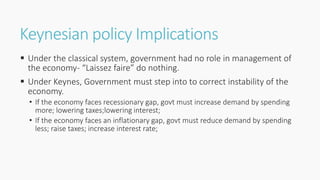 Keynesian policy Implications
 Under the classical system, government had no role in management of
the economy- “Laissez faire” do nothing.
 Under Keynes, Government must step into to correct instability of the
economy.
• If the economy faces recessionary gap, govt must increase demand by spending
more; lowering taxes;lowering interest;
• If the economy faces an inflationary gap, govt must reduce demand by spending
less; raise taxes; increase interest rate;
 