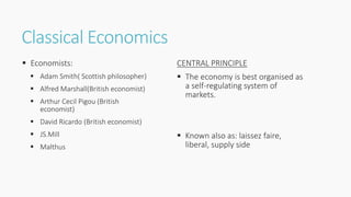 Classical Economics
 Economists:
 Adam Smith( Scottish philosopher)
 Alfred Marshall(British economist)
 Arthur Cecil Pigou (British
economist)
 David Ricardo (British economist)
 JS.Mill
 Malthus
CENTRAL PRINCIPLE
 The economy is best organised as
a self-regulating system of
markets.
 Known also as: laissez faire,
liberal, supply side
 