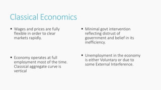 Classical Economics
 Wages and prices are fully
flexible in order to clear
markets rapidly.
 Economy operates at full
employment most of the time.
Classical aggregate curve is
vertical
 Minimal govt intervention
reflecting distrust of
government and belief in its
inefficiency.
 Unemployment in the economy
is either Voluntary or due to
some External Interference.
 