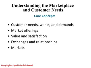 •
•
•
•
•
Customer needs, wants, and demands
Market offerings
Value and satisfaction
Exchanges and relationships
Markets
Understanding the Marketplace
and Customer Needs
Core Concepts
 