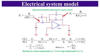 Electrical system model
Operational Amplifiers (Op Amps) in system control
1
1
1
1
1
+
=
C
sR
R
Z 1
2
2
2
2
+
=
s
C
R
R
Z
( )
( )
)
/(
1
/
1
/
1
/
1
1
1
2
1
2
2
1
1
2
2
2
1
1
1
1
1
1
2
2
2
1
2


+
+
−
=
+
+
−
=
+
+
−
=
−
=
s
s
x
C
C
C
R
s
C
R
s
x
C
R
R
x
R
C
R
R
s
C
R
x
s
C
R
R
Z
Z
s
R
s
C
1
1
2
2
C
R
C
R
=

Op Amp as a lead compensator ( < 1) as a lag compensator ( > 1) .
Where  is
inverting ampifier
 