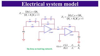 Electrical system model
( )
( ) 1
1
1
3
1
3
1
1
1
+
+
+
=
s
C
R
R
R
s
C
R
Z
( )
( ) 1
1
2
4
2
4
2
2
2
+
+
+
=
s
C
R
R
R
s
C
R
Z
( )
( ) 5
6
1
2
)
(
R
R
x
Z
Z
s
R
s
C
s
G −
−
=
=
Op Amp as lead-lag network.
inverting amplifier
 