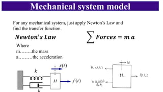 For any mechanical system, just apply Newton’s Law and
find the transfer function.
𝑵𝒆𝒘𝒕𝒐𝒏′
𝒔 𝑳𝒂𝒘 ෍ 𝑭𝒐𝒓𝒄𝒆𝒔 = 𝒎 𝒂
Where
m……..the mass
a………the acceleration
Mechanical system model
 