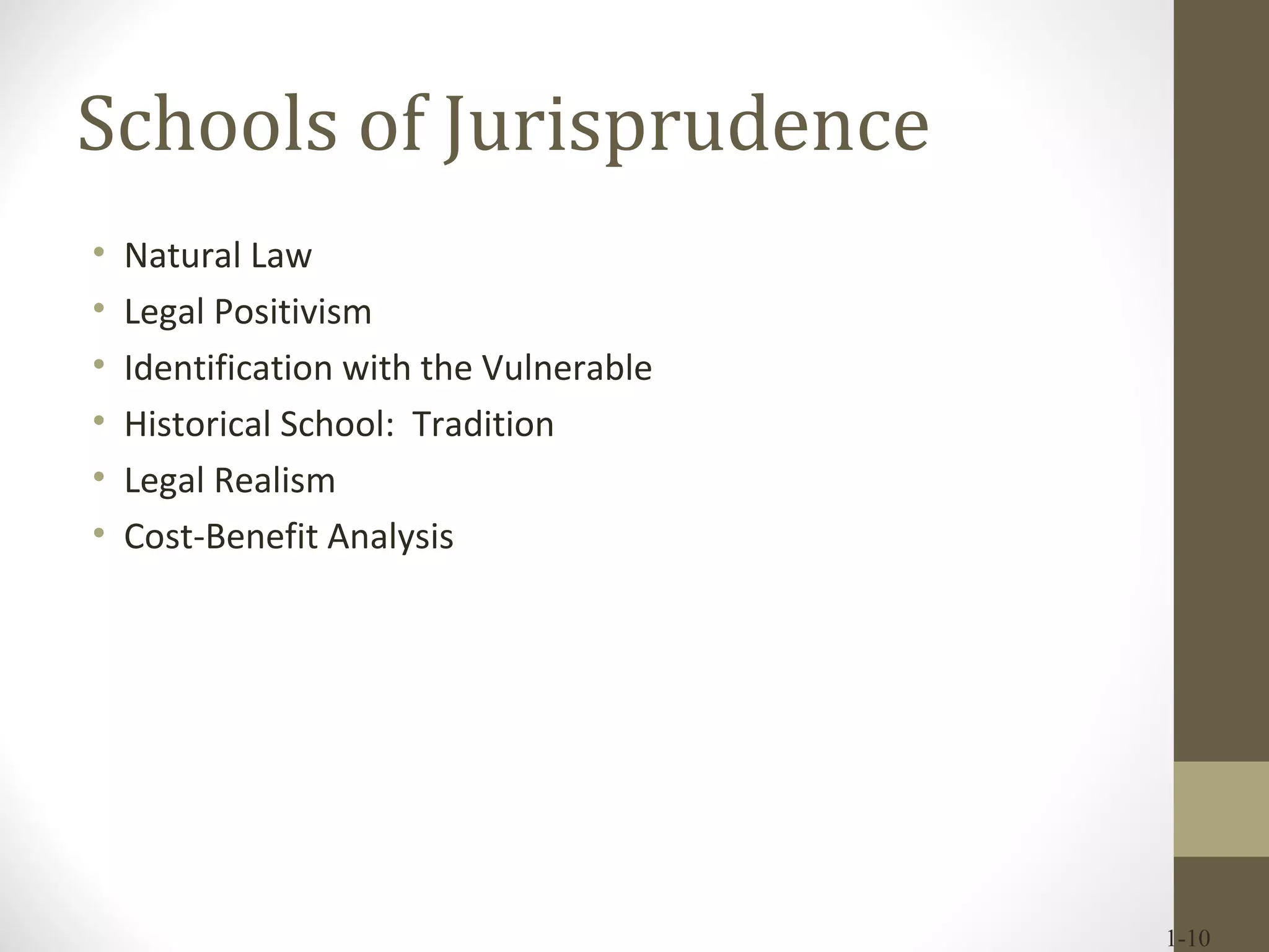 Schools of Jurisprudence Natural Law Legal Positivism Identification with the Vulnerable Historical School:  Tradition Legal Realism Cost-Benefit Analysis 1- 