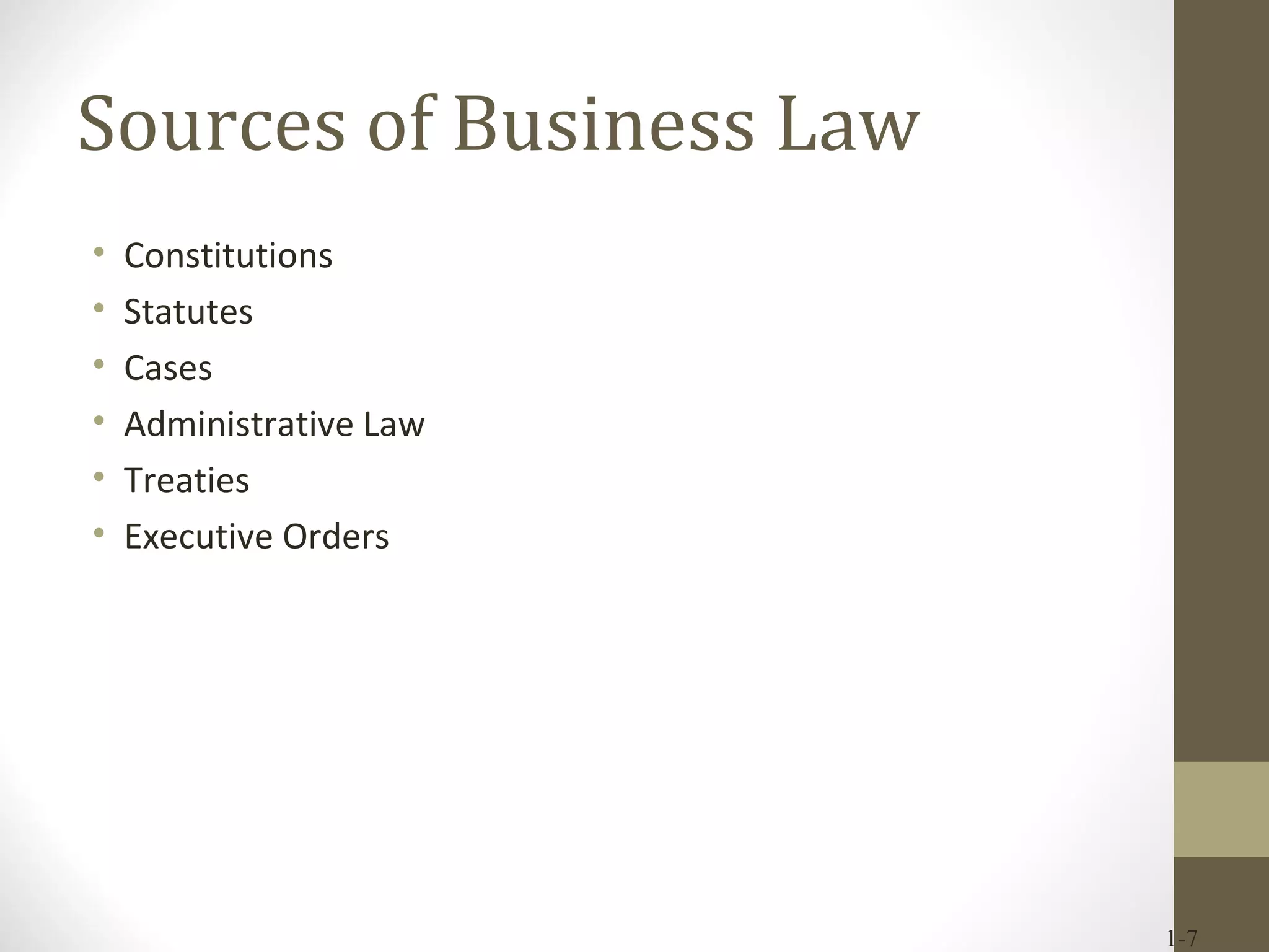 Sources of Business Law Constitutions Statutes Cases Administrative Law Treaties Executive Orders 1- 