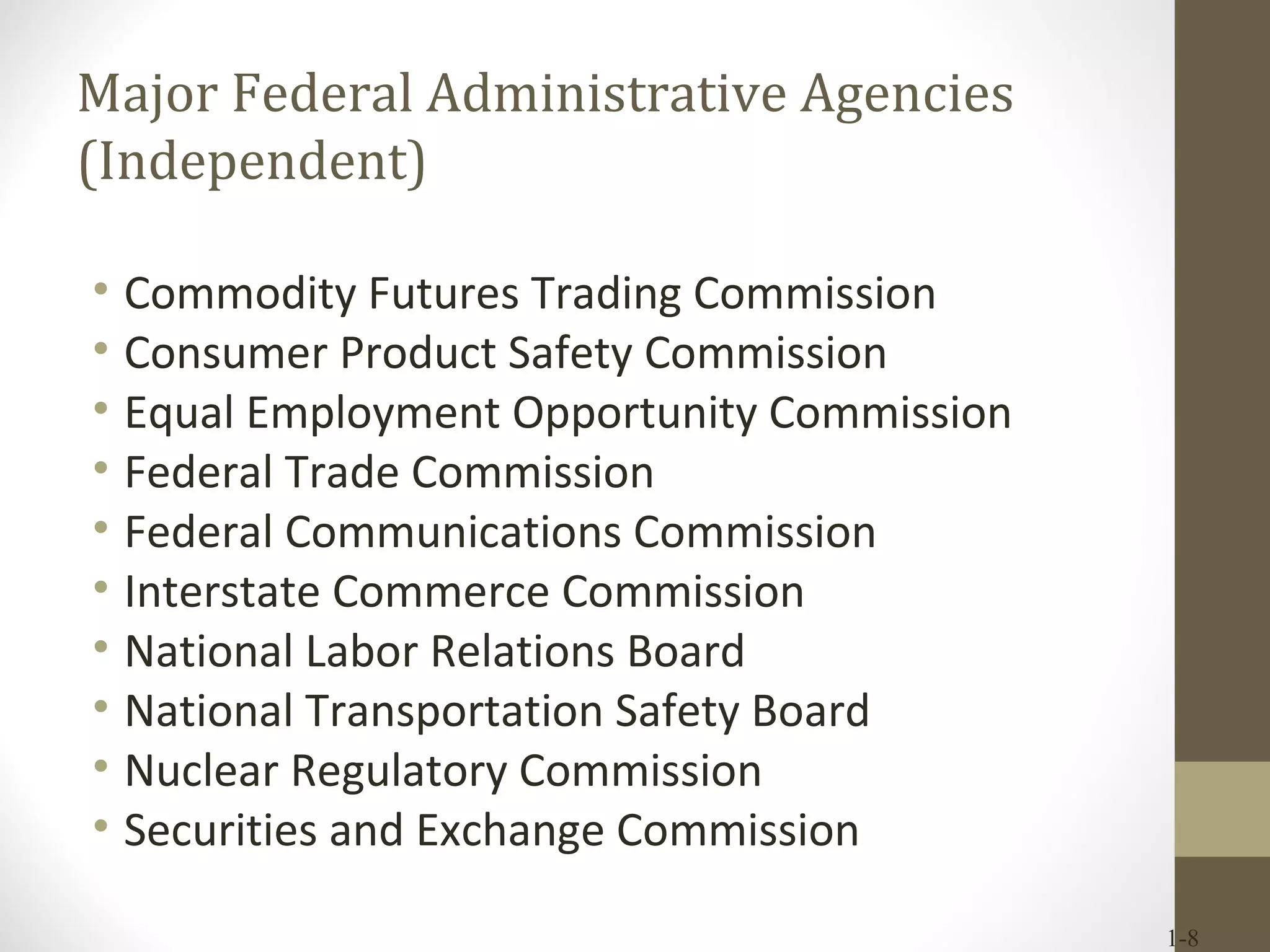 Major Federal Administrative Agencies (Independent) Commodity Futures Trading Commission Consumer Product Safety Commission Equal Employment Opportunity Commission Federal Trade Commission Federal Communications Commission Interstate Commerce Commission National Labor Relations Board National Transportation Safety Board Nuclear Regulatory Commission Securities and Exchange Commission 1- 