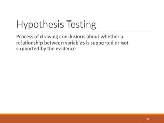 Hypothesis Testing
Process of drawing conclusions about whether a
relationship between variables is supported or not
suppo...