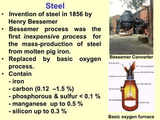 • Invention of steel in 1856 by
Henry Bessemer
• Bessemer process was the
first inexpensive process for
the mass-production of steel
from molten pig iron.
• Replaced by basic oxygen
process.
• Contain
- iron
- carbon (0.12 –1.5 %)
- phosphorous & sulfur < 0.1 %
- manganese up to 0.5 %
- silicon up to 0.3 %
Steel
Bessemer Converter
Basic oxygen furnace
 