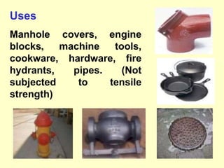 Uses
Manhole covers, engine
blocks, machine tools,
cookware, hardware, fire
hydrants, pipes. (Not
subjected to tensile
strength)
 