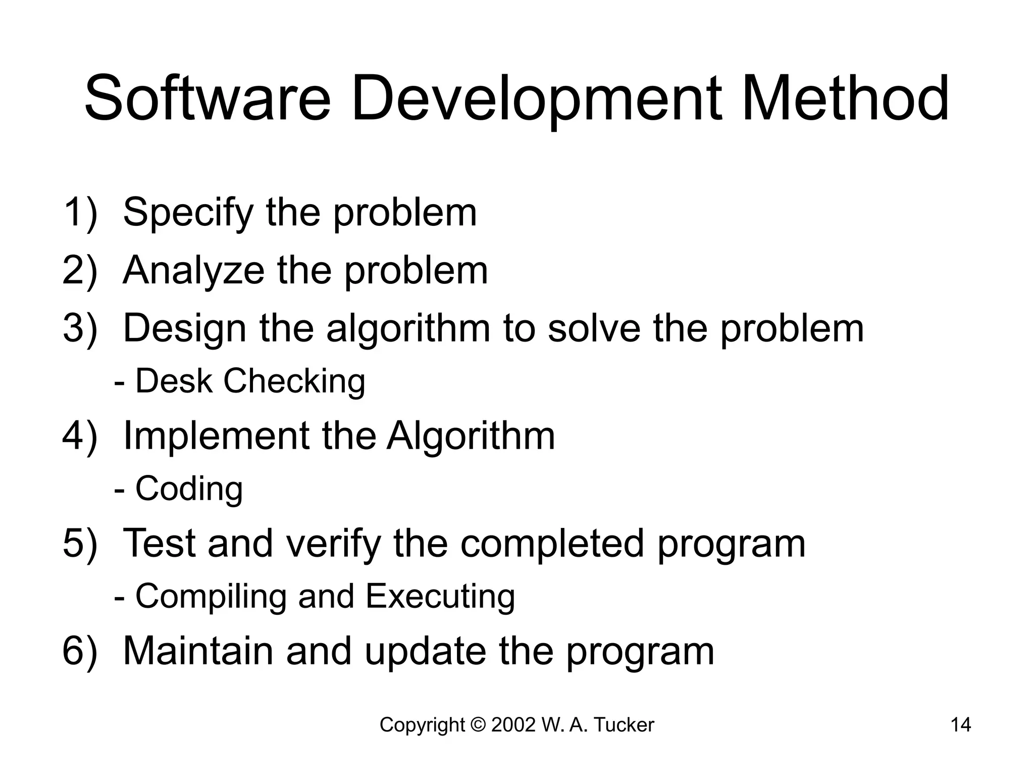 Copyright © 2002 W. A. Tucker 14
Software Development Method
1) Specify the problem
2) Analyze the problem
3) Design the algorithm to solve the problem
- Desk Checking
4) Implement the Algorithm
- Coding
5) Test and verify the completed program
- Compiling and Executing
6) Maintain and update the program
 
