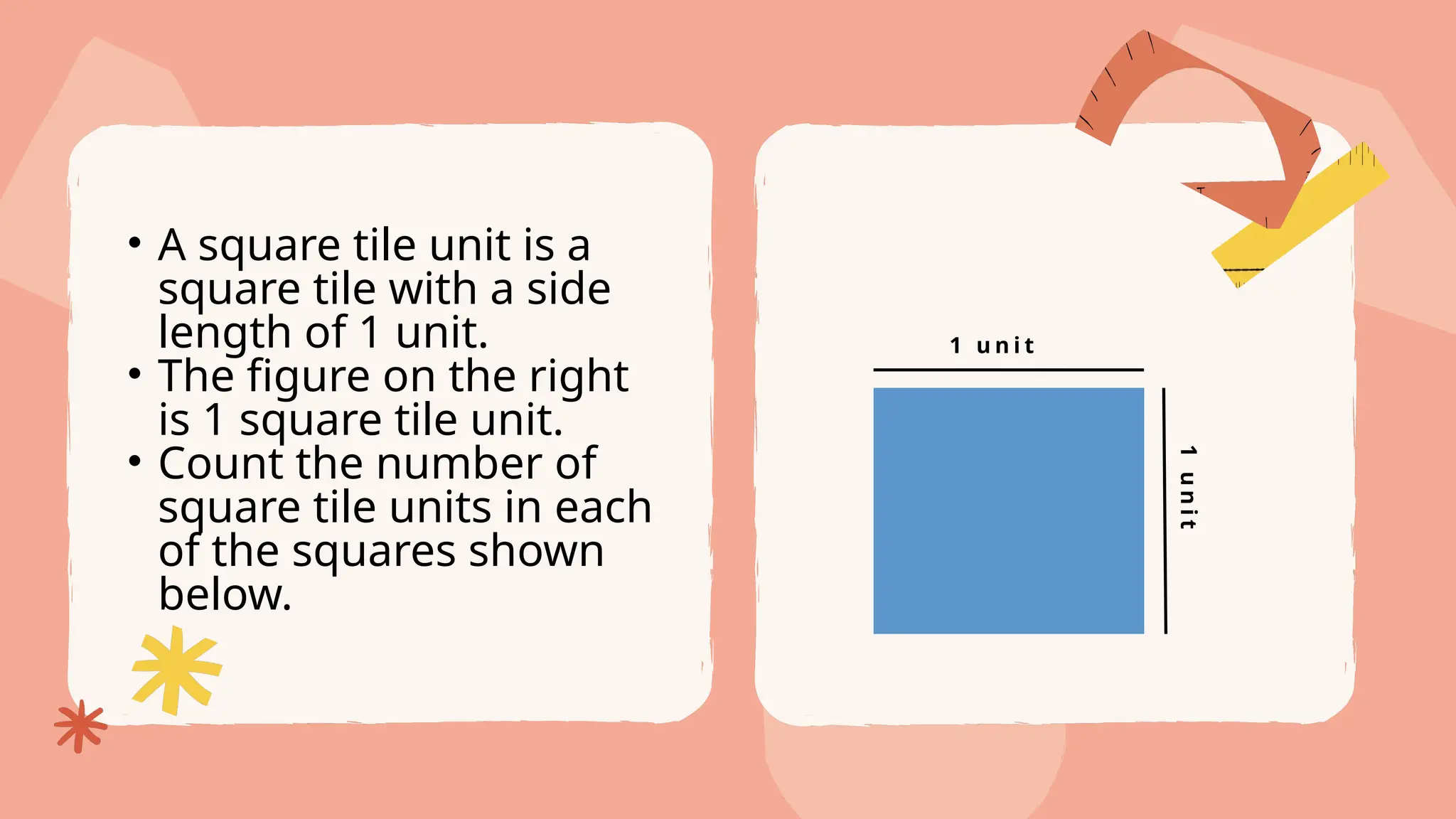 • A square tile unit is a
square tile with a side
length of 1 unit.
• The figure on the right
is 1 square tile unit.
• Count the number of
square tile units in each
of the squares shown
below.
1 u n i t
1
u
n
i
t
 
