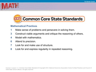 Course 3, Lesson 1-1 Common Core State Standards © Copyright 2010. National Governors Association Center for Best Practices and Council of
Chief State School Officers. All rights reserved.
The Number System
Mathematical Practices
1 Make sense of problems and persevere in solving them.
3 Construct viable arguments and critique the reasoning of others.
4 Model with mathematics.
6 Attend to precision.
7 Look for and make use of structure.
8 Look for and express regularity in repeated reasoning.
 