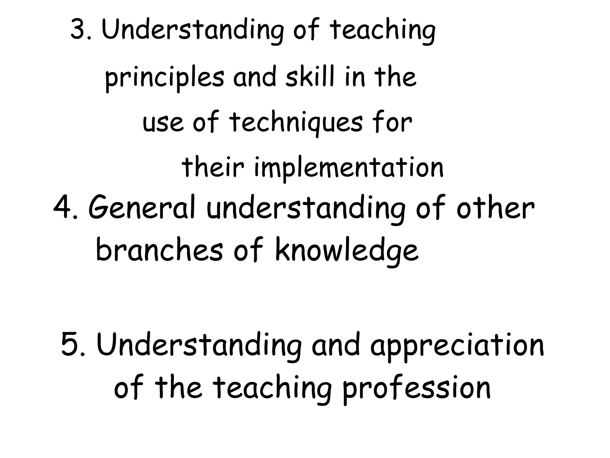3. Understanding of teaching
principles and skill in the
use of techniques for
their implementation
4. General understanding of other
branches of knowledge
5. Understanding and appreciation
of the teaching profession
 