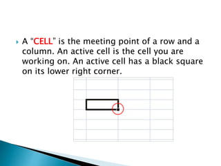  A “CELL” is the meeting point of a row and a
column. An active cell is the cell you are
working on. An active cell has a black square
on its lower right corner.
 