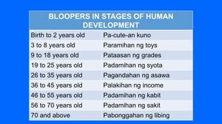 BLOOPERS IN STAGES OF HUMAN
DEVELOPMENT
Birth to 2 years old Pa-cute-an kuno
3 to 8 years old Paramihan ng toys
9 to 18 years old Pataasan ng grades
19 to 25 years old Padamihan ng syota
26 to 35 years old Pagandahan ng asawa
36 to 45 years old Palakihan ng income
46 to 55 years old Padamihan ng kabit
56 to 70 years old Padamihan ng sakit
70 and above Pabonggahan ng libing
 