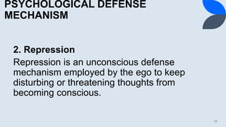 PSYCHOLOGICAL DEFENSE
MECHANISM
2. Repression
Repression is an unconscious defense
mechanism employed by the ego to keep
disturbing or threatening thoughts from
becoming conscious.
24
 
