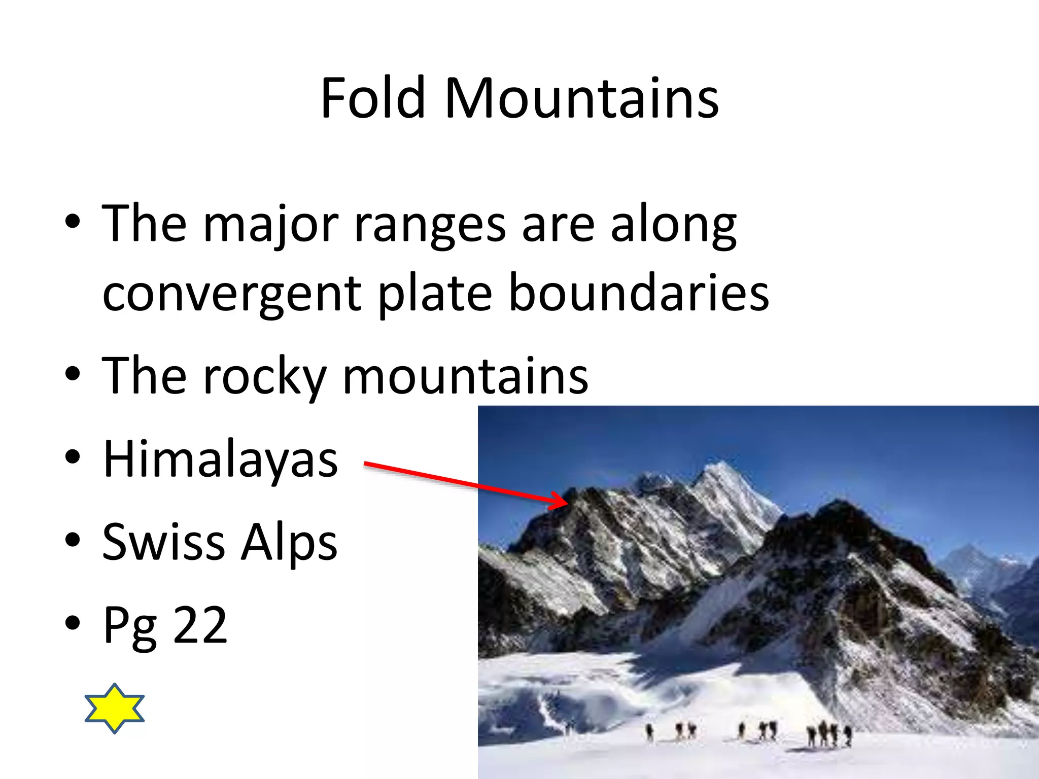 Fold Mountains 
• The major ranges are along 
convergent plate boundaries 
• The rocky mountains 
• Himalayas 
• Swiss Alps 
• Pg 22 
 