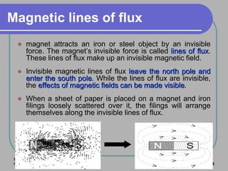 MRM
FKEE, UMP 12
Magnetic lines of flux
 magnet attracts an iron or steel object by an invisible
force. The magnet’s invisible force is called lines of flux.
These lines of flux make up an invisible magnetic field.
 Invisible magnetic lines of flux leave the north pole and
enter the south pole. While the lines of flux are invisible,
the effects of magnetic fields can be made visible.
 When a sheet of paper is placed on a magnet and iron
filings loosely scattered over it, the filings will arrange
themselves along the invisible lines of flux.
 