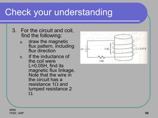 MRM
FKEE, UMP 32
Check your understanding
3. For the circuit and coil,
find the following:
a. draw the magnetic
flux pattern, including
flux direction
b. If the inductance of
the coil were
L=0.05H, find its
magnetic flux linkage.
Note that the wire in
the circuit has a
resistance 1 and
lumped resistance 2
.
 