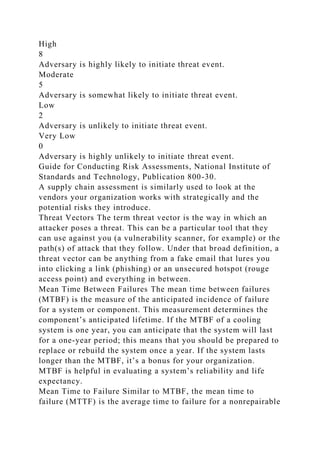 High
8
Adversary is highly likely to initiate threat event.
Moderate
5
Adversary is somewhat likely to initiate threat event.
Low
2
Adversary is unlikely to initiate threat event.
Very Low
0
Adversary is highly unlikely to initiate threat event.
Guide for Conducting Risk Assessments, National Institute of
Standards and Technology, Publication 800-30.
A supply chain assessment is similarly used to look at the
vendors your organization works with strategically and the
potential risks they introduce.
Threat Vectors The term threat vector is the way in which an
attacker poses a threat. This can be a particular tool that they
can use against you (a vulnerability scanner, for example) or the
path(s) of attack that they follow. Under that broad definition, a
threat vector can be anything from a fake email that lures you
into clicking a link (phishing) or an unsecured hotspot (rouge
access point) and everything in between.
Mean Time Between Failures The mean time between failures
(MTBF) is the measure of the anticipated incidence of failure
for a system or component. This measurement determines the
component’s anticipated lifetime. If the MTBF of a cooling
system is one year, you can anticipate that the system will last
for a one-year period; this means that you should be prepared to
replace or rebuild the system once a year. If the system lasts
longer than the MTBF, it’s a bonus for your organization.
MTBF is helpful in evaluating a system’s reliability and life
expectancy.
Mean Time to Failure Similar to MTBF, the mean time to
failure (MTTF) is the average time to failure for a nonrepairable
 