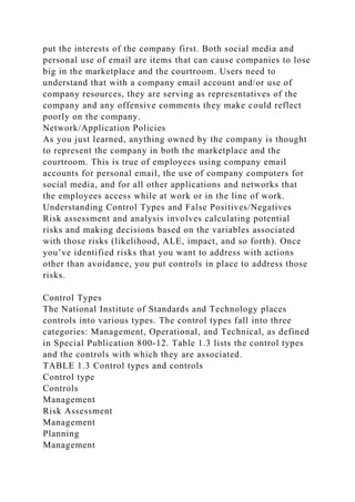 put the interests of the company first. Both social media and
personal use of email are items that can cause companies to lose
big in the marketplace and the courtroom. Users need to
understand that with a company email account and/or use of
company resources, they are serving as representatives of the
company and any offensive comments they make could reflect
poorly on the company.
Network/Application Policies
As you just learned, anything owned by the company is thought
to represent the company in both the marketplace and the
courtroom. This is true of employees using company email
accounts for personal email, the use of company computers for
social media, and for all other applications and networks that
the employees access while at work or in the line of work.
Understanding Control Types and False Positives/Negatives
Risk assessment and analysis involves calculating potential
risks and making decisions based on the variables associated
with those risks (likelihood, ALE, impact, and so forth). Once
you’ve identified risks that you want to address with actions
other than avoidance, you put controls in place to address those
risks.
Control Types
The National Institute of Standards and Technology places
controls into various types. The control types fall into three
categories: Management, Operational, and Technical, as defined
in Special Publication 800-12. Table 1.3 lists the control types
and the controls with which they are associated.
TABLE 1.3 Control types and controls
Control type
Controls
Management
Risk Assessment
Management
Planning
Management
 