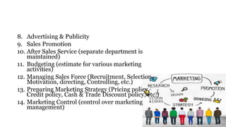 8. Advertising & Publicity
9. Sales Promotion
10. After Sales Service (separate department is
maintained)
11. Budgeting (e...