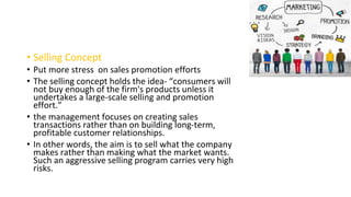 • Selling Concept
• Put more stress on sales promotion efforts
• The selling concept holds the idea- “consumers will
not buy enough of the firm's products unless it
undertakes a large-scale selling and promotion
effort.”
• the management focuses on creating sales
transactions rather than on building long-term,
profitable customer relationships.
• In other words, the aim is to sell what the company
makes rather than making what the market wants.
Such an aggressive selling program carries very high
risks.
 