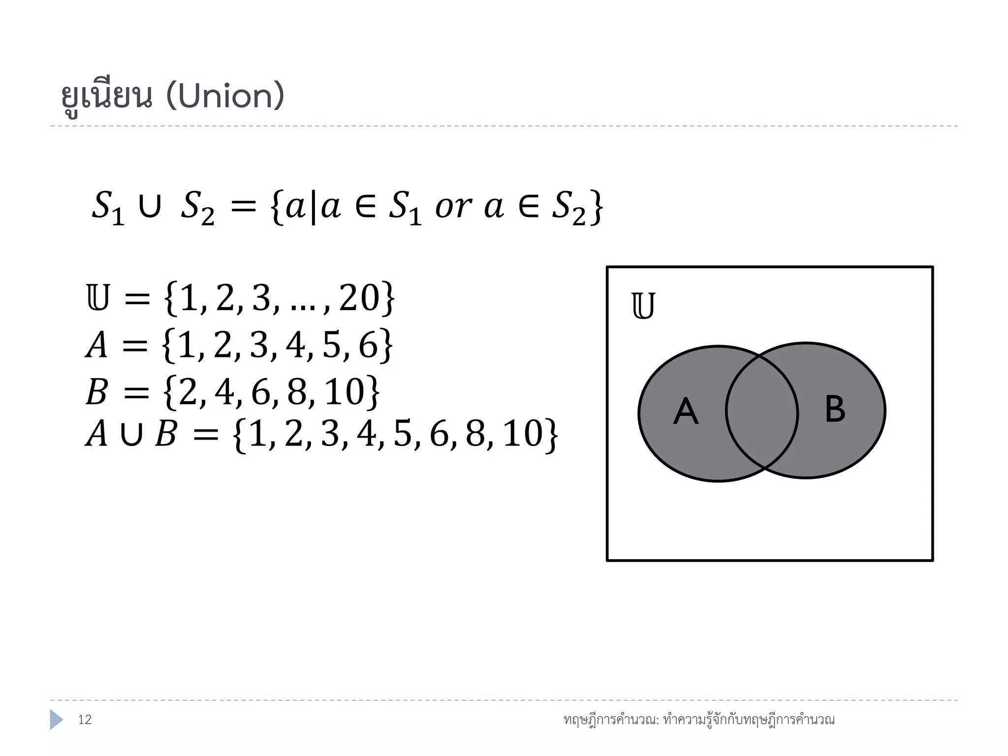 ยูเนียน (Union)
𝑆1 ∪ 𝑆2 = {𝑎|𝑎 ∈ 𝑆1 𝑜𝑟 𝑎 ∈ 𝑆2 }

𝕌=
𝐴=
𝐵=
𝐴∪

12

1, 2, 3, … , 20
1, 2, 3, 4, 5, 6
2, 4, 6, 8, 10
𝐵 = {1, 2, 3, 4, 5, 6, 8, 10}

𝕌
A

B

ทฤษฎีการคานวณ: ทาความรู้จักกับทฤษฎีการคานวณ

 