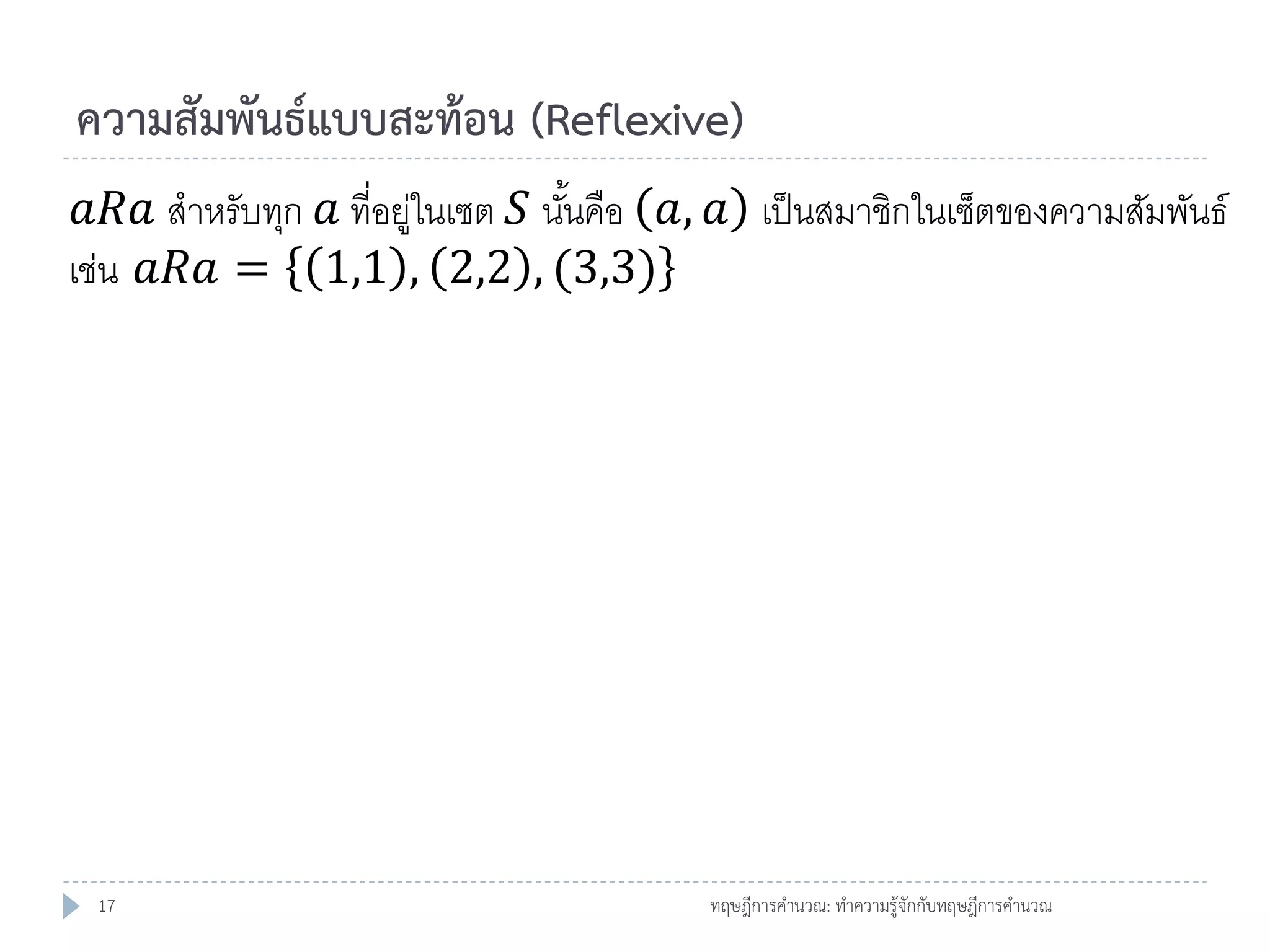 ความสัมพันธ์แบบสะท้อน (Reflexive)
𝑎𝑅𝑎 สาหรับทุก 𝑎 ที่อยูในเซต 𝑆 นันคือ 𝑎, 𝑎 เป็ นสมาชิกในเซ็ตของความสัมพันธ์
่
้
เช่น 𝑎𝑅𝑎 = 1,1 , 2,2 , (3,3)

17

ทฤษฎีการคานวณ: ทาความรู้จักกับทฤษฎีการคานวณ

 