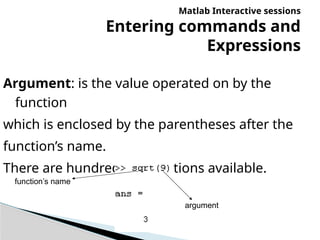 Matlab Interactive sessions
Entering commands and
Expressions
Argument: is the value operated on by the
function
which is enclosed by the parentheses after the
function’s name.
There are hundreds of functions available.
function’s name
argument
 