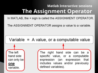 Matlab Interactive sessions
The Assignment Operator
 