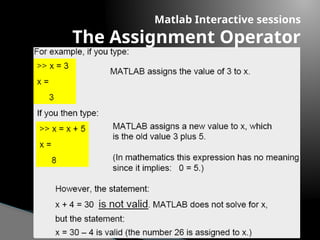 Matlab Interactive sessions
The Assignment Operator
 