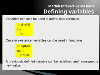 Matlab Interactive sessions
Defining variables
 