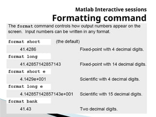 Matlab Interactive sessions
Formatting command
 