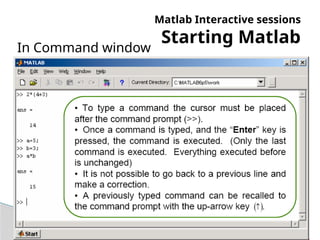Matlab Interactive sessions
Starting Matlab
In Command window
 