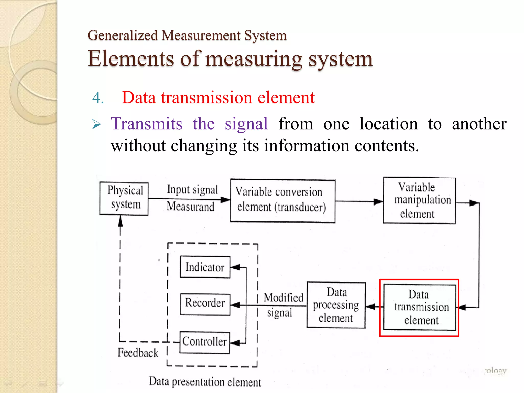 Generalized Measurement System
Elements of measuring system
4. Data transmission element
 Transmits the signal from one location to another
without changing its information contents.
 