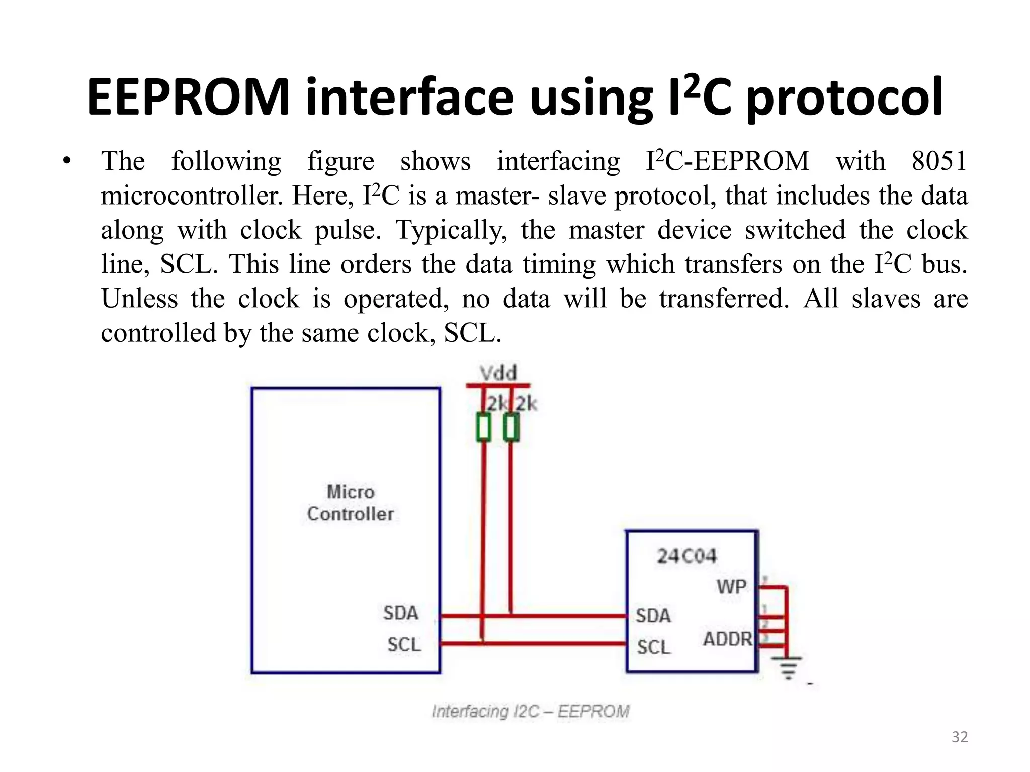 EEPROM interface using I2C protocol
• The following figure shows interfacing I2C-EEPROM with 8051
microcontroller. Here, I2C is a master- slave protocol, that includes the data
along with clock pulse. Typically, the master device switched the clock
line, SCL. This line orders the data timing which transfers on the I2C bus.
Unless the clock is operated, no data will be transferred. All slaves are
controlled by the same clock, SCL.
32
 