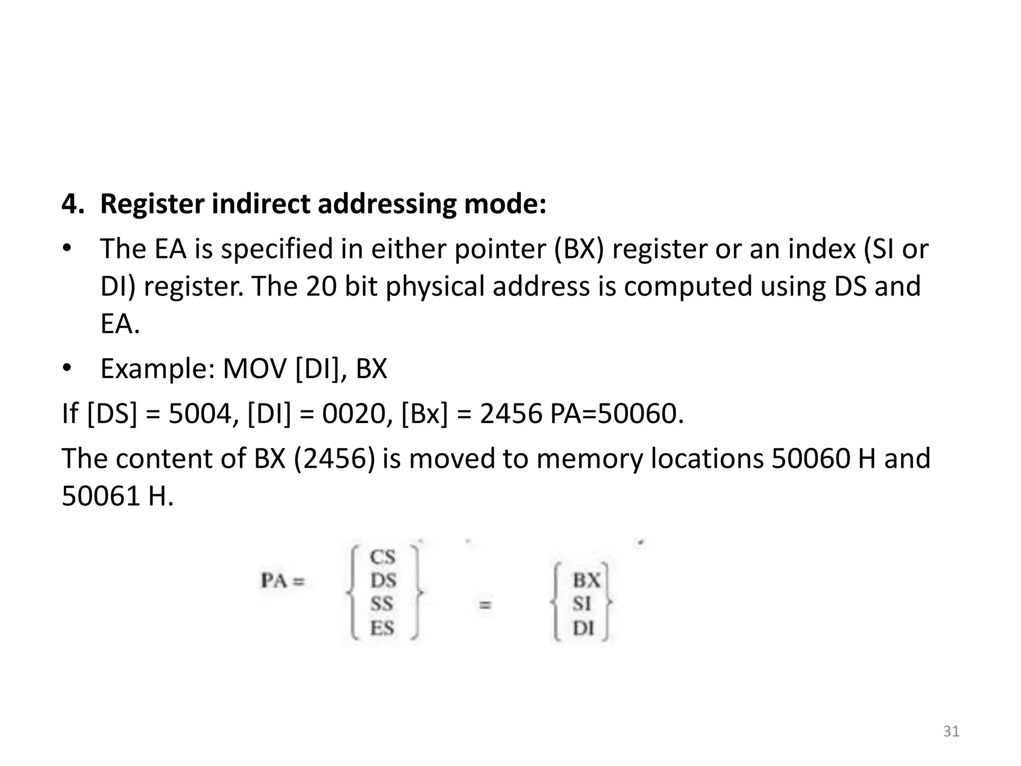 4. Register indirect addressing mode:
• The EA is specified in either pointer (BX) register or an index (SI or
DI) register. The 20 bit physical address is computed using DS and
EA.
• Example: MOV [DI], BX
If [DS] = 5004, [DI] = 0020, [Bx] = 2456 PA=50060.
The content of BX (2456) is moved to memory locations 50060 H and
50061 H.
31
 