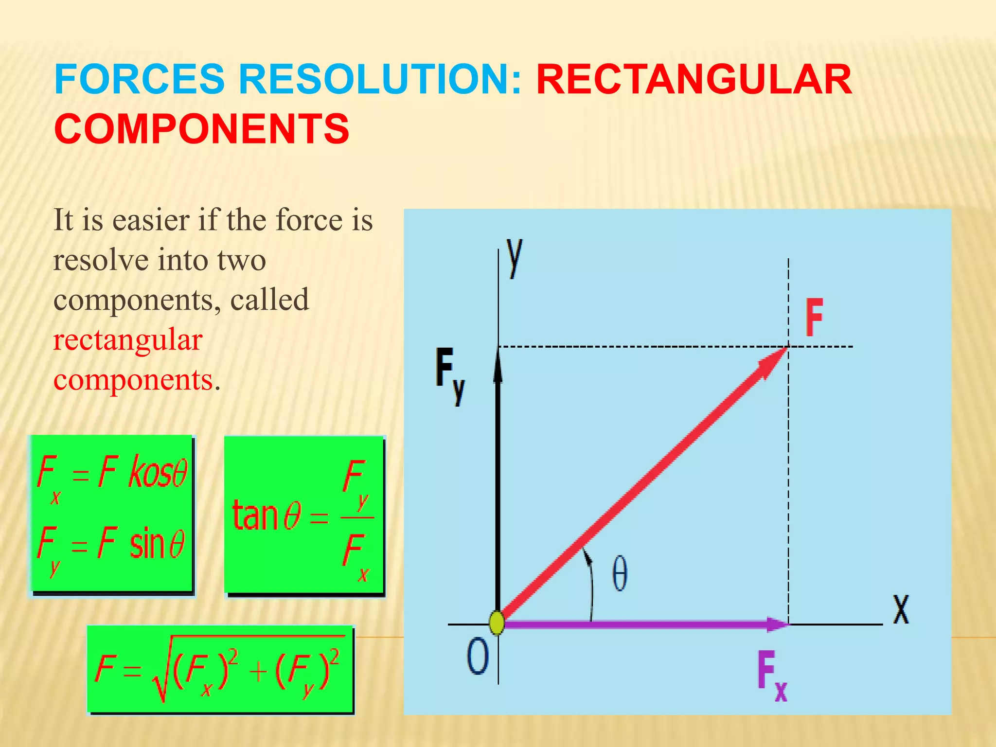 FORCES RESOLUTION: RECTANGULAR
COMPONENTS
It is easier if the force is
resolve into two
components, called
rectangular
components.
 