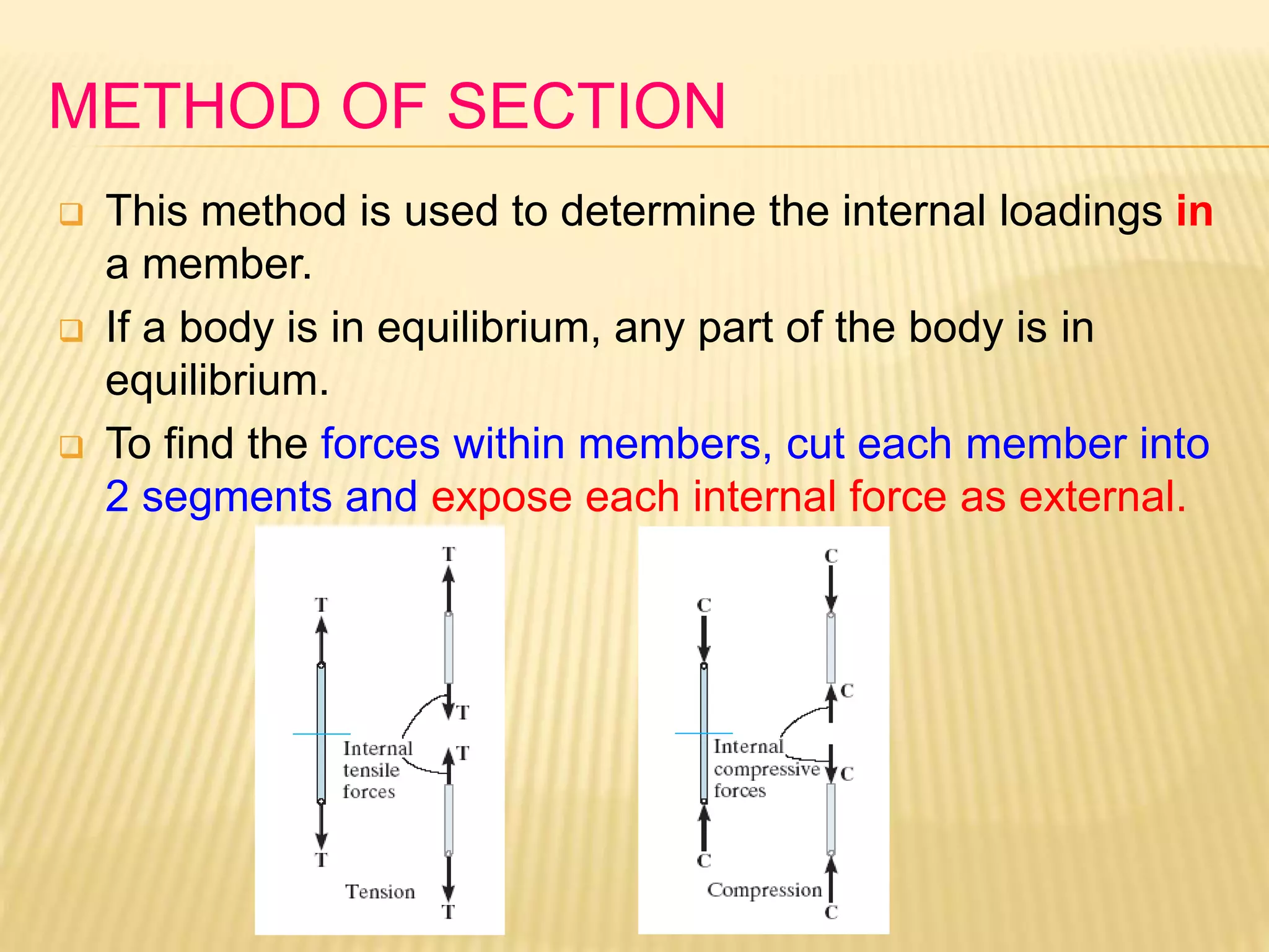 METHOD OF SECTION
 This method is used to determine the internal loadings in
a member.
 If a body is in equilibrium, any part of the body is in
equilibrium.
 To find the forces within members, cut each member into
2 segments and expose each internal force as external.
 