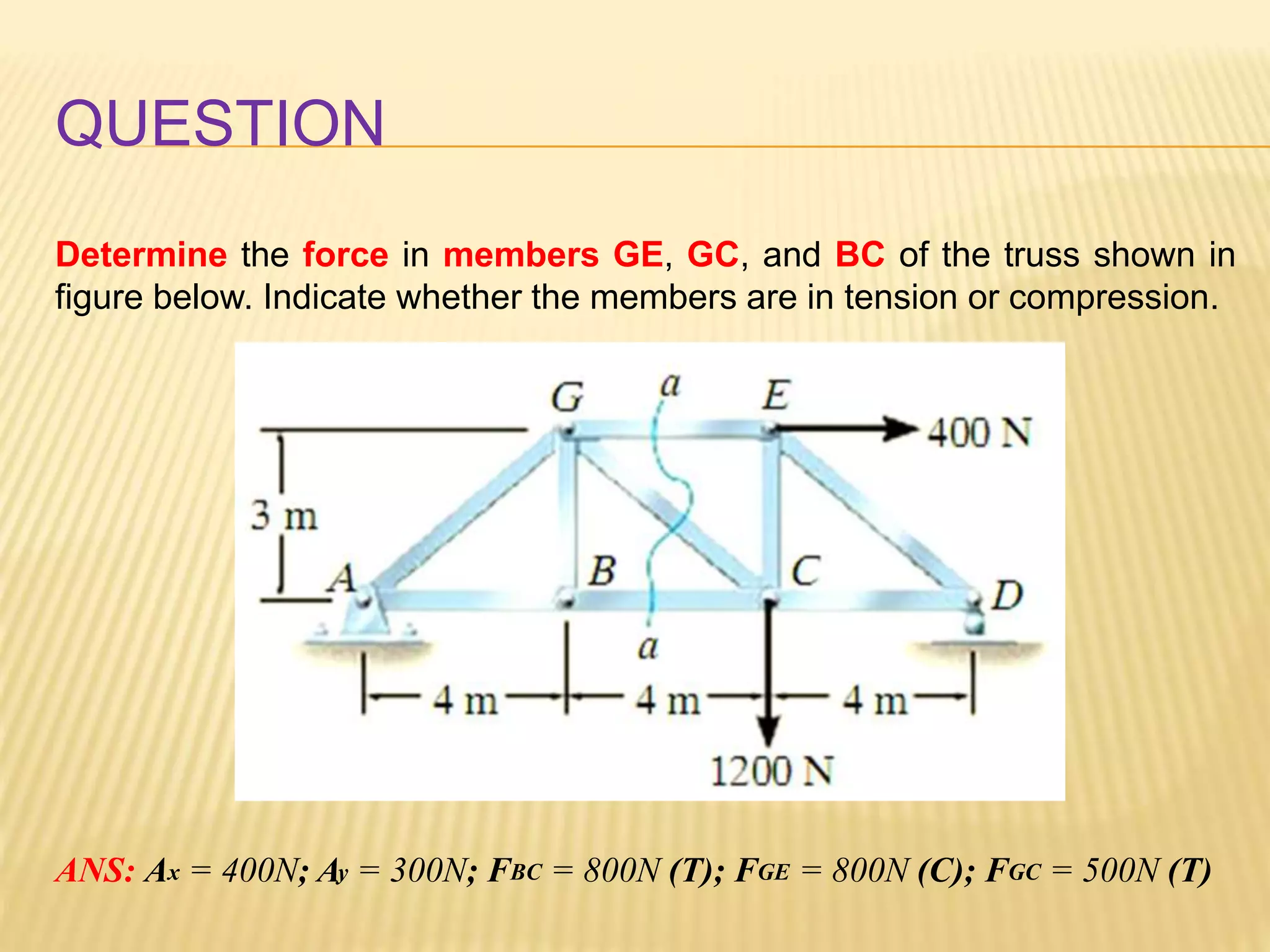 QUESTION
Determine the force in members GE, GC, and BC of the truss shown in
figure below. Indicate whether the members are in tension or compression.
ANS: Ax = 400N; Ay = 300N; FBC = 800N (T); FGE = 800N (C); FGC = 500N (T)
 