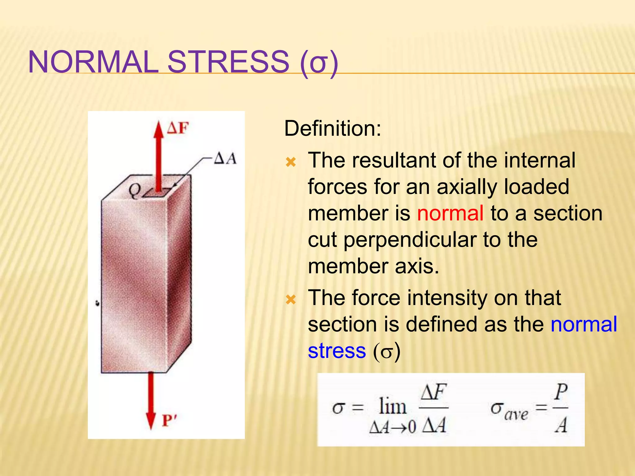 NORMAL STRESS (σ)
Definition:
 The resultant of the internal
forces for an axially loaded
member is normal to a section
cut perpendicular to the
member axis.
 The force intensity on that
section is defined as the normal
stress (s)
 
