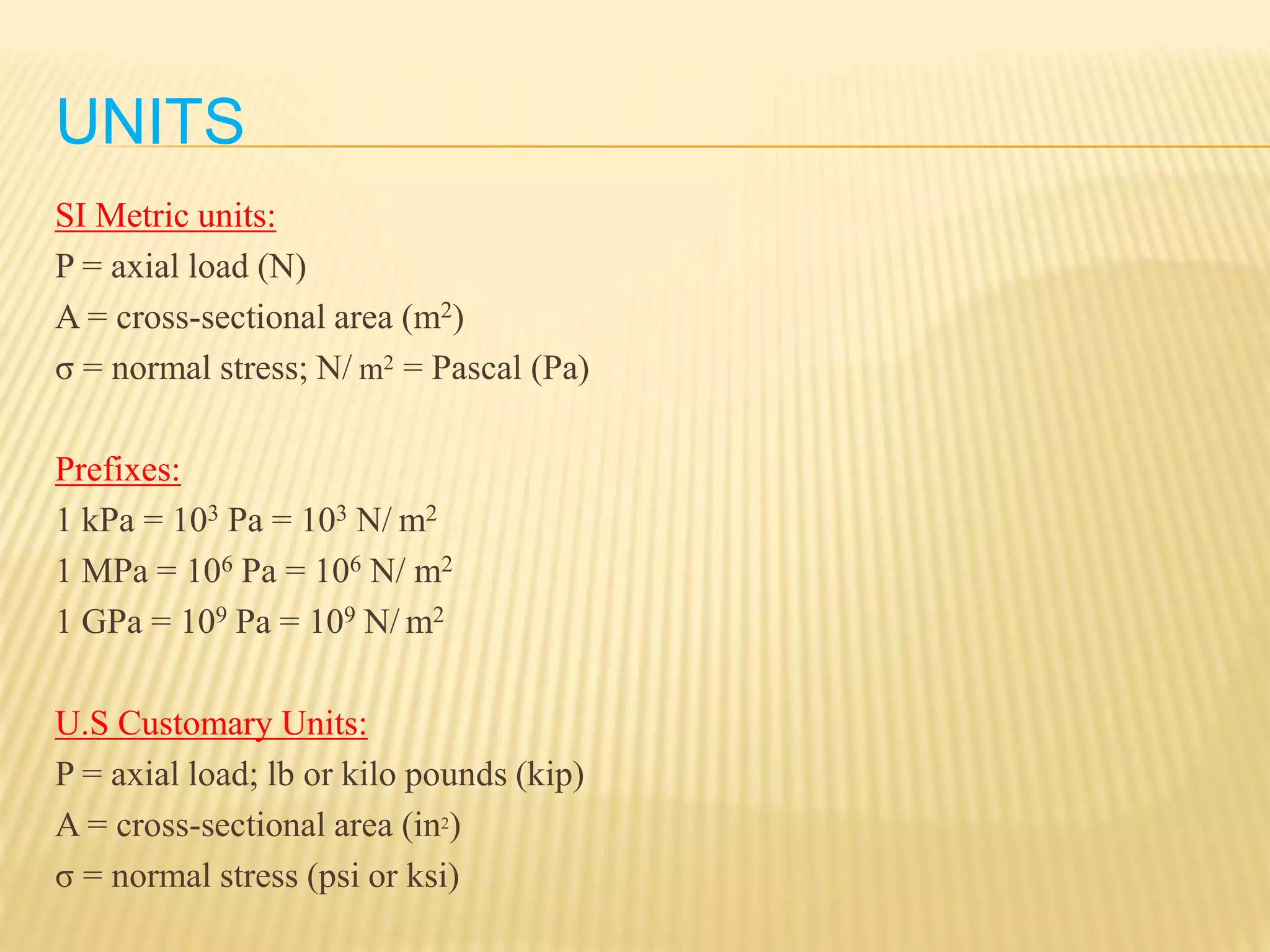 UNITS
SI Metric units:
P = axial load (N)
A = cross-sectional area (m2)
σ = normal stress; N/ m2 = Pascal (Pa)
Prefixes:
1 kPa = 103 Pa = 103 N/ m2
1 MPa = 106 Pa = 106 N/ m2
1 GPa = 109 Pa = 109 N/ m2
U.S Customary Units:
P = axial load; lb or kilo pounds (kip)
A = cross-sectional area (in2)
σ = normal stress (psi or ksi)
 