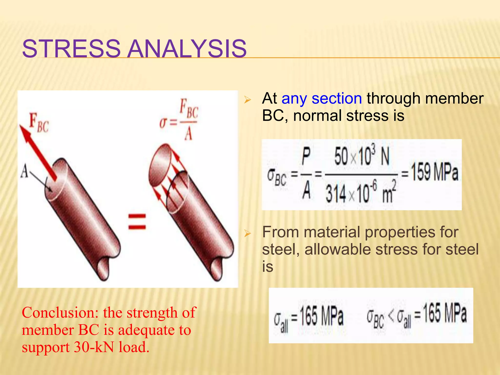 STRESS ANALYSIS
 At any section through member
BC, normal stress is
 From material properties for
steel, allowable stress for steel
is
Conclusion: the strength of
member BC is adequate to
support 30-kN load.
 