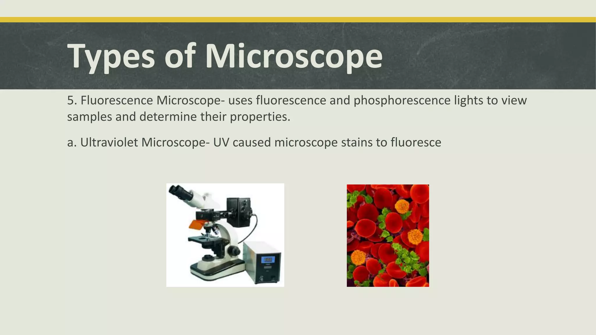 Types of Microscope
5. Fluorescence Microscope- uses fluorescence and phosphorescence lights to view
samples and determine their properties.
a. Ultraviolet Microscope- UV caused microscope stains to fluoresce
 