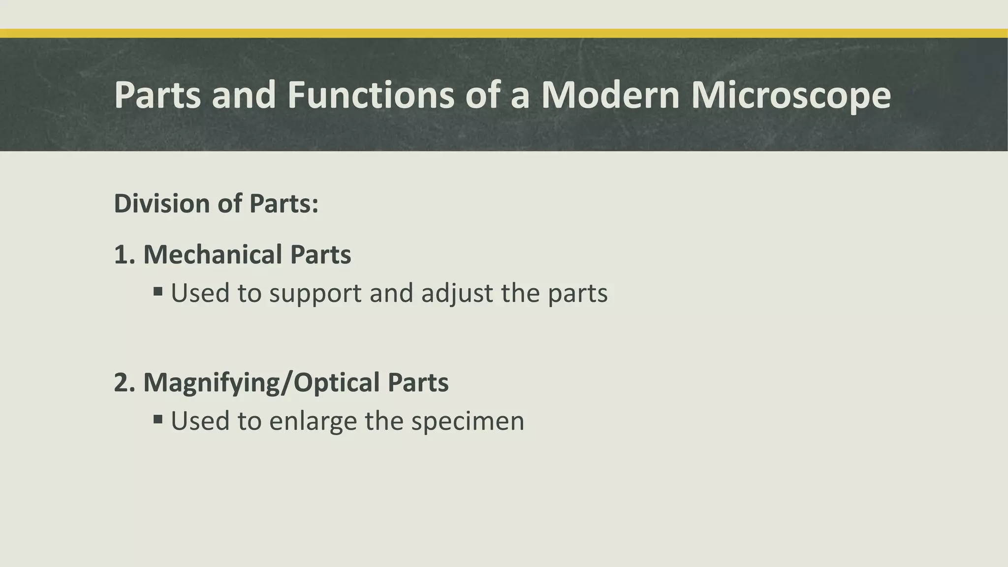 Parts and Functions of a Modern Microscope
Division of Parts:
1. Mechanical Parts
 Used to support and adjust the parts
2. Magnifying/Optical Parts
 Used to enlarge the specimen
 