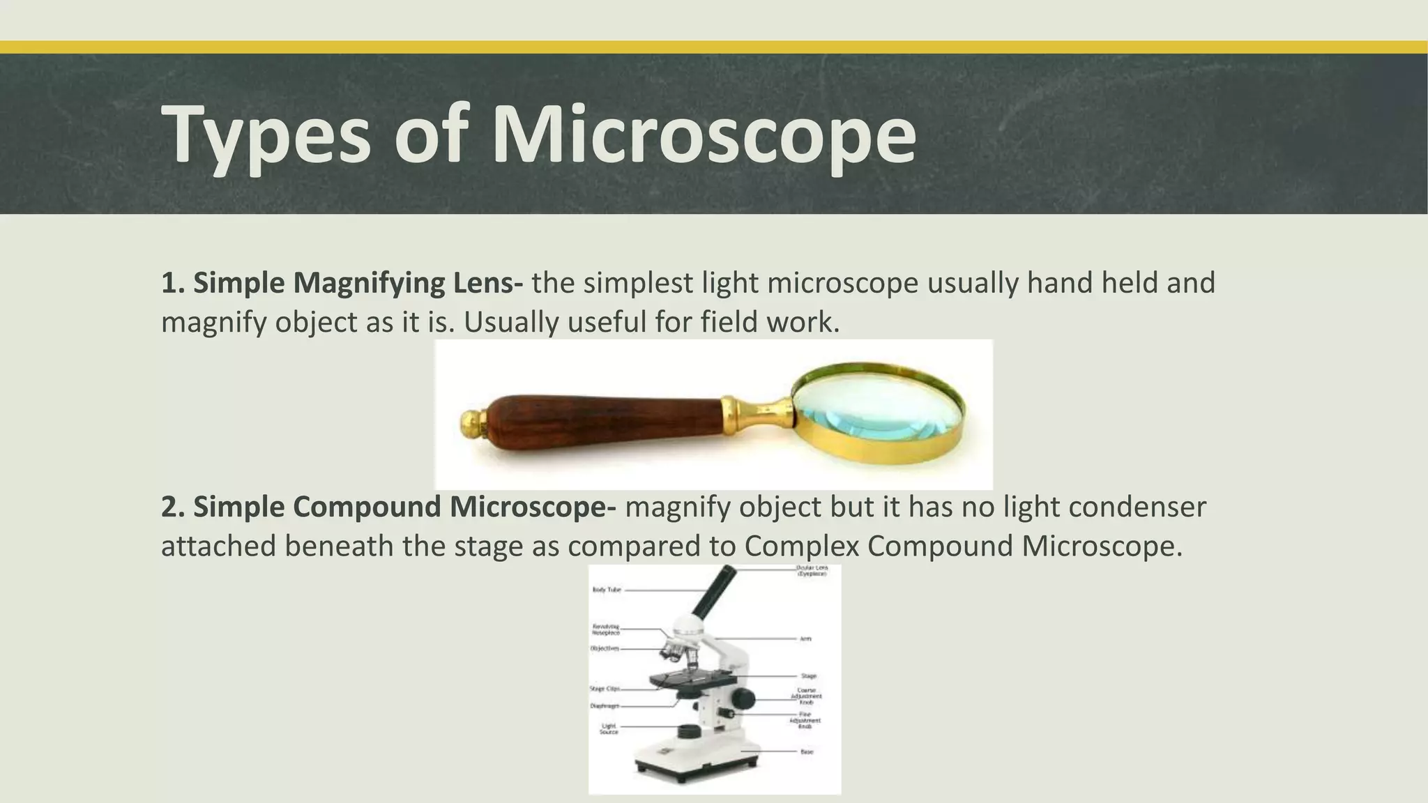 Types of Microscope
1. Simple Magnifying Lens- the simplest light microscope usually hand held and
magnify object as it is. Usually useful for field work.
2. Simple Compound Microscope- magnify object but it has no light condenser
attached beneath the stage as compared to Complex Compound Microscope.
 