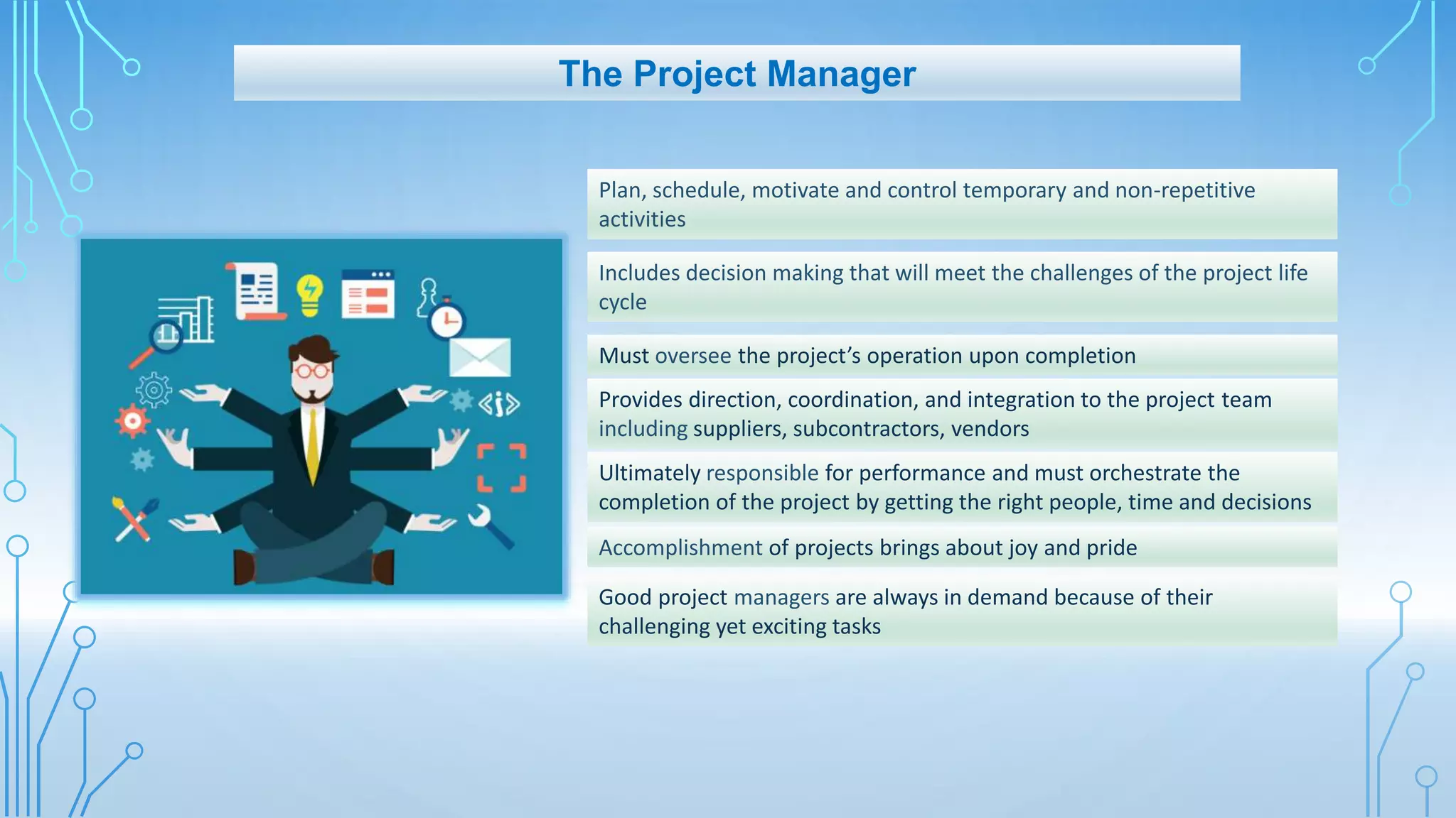 Plan, schedule, motivate and control temporary and non-repetitive
activities
The Project Manager
Includes decision making that will meet the challenges of the project life
cycle
Must oversee the project’s operation upon completion
Provides direction, coordination, and integration to the project team
including suppliers, subcontractors, vendors
Ultimately responsible for performance and must orchestrate the
completion of the project by getting the right people, time and decisions
Accomplishment of projects brings about joy and pride
Good project managers are always in demand because of their
challenging yet exciting tasks
 